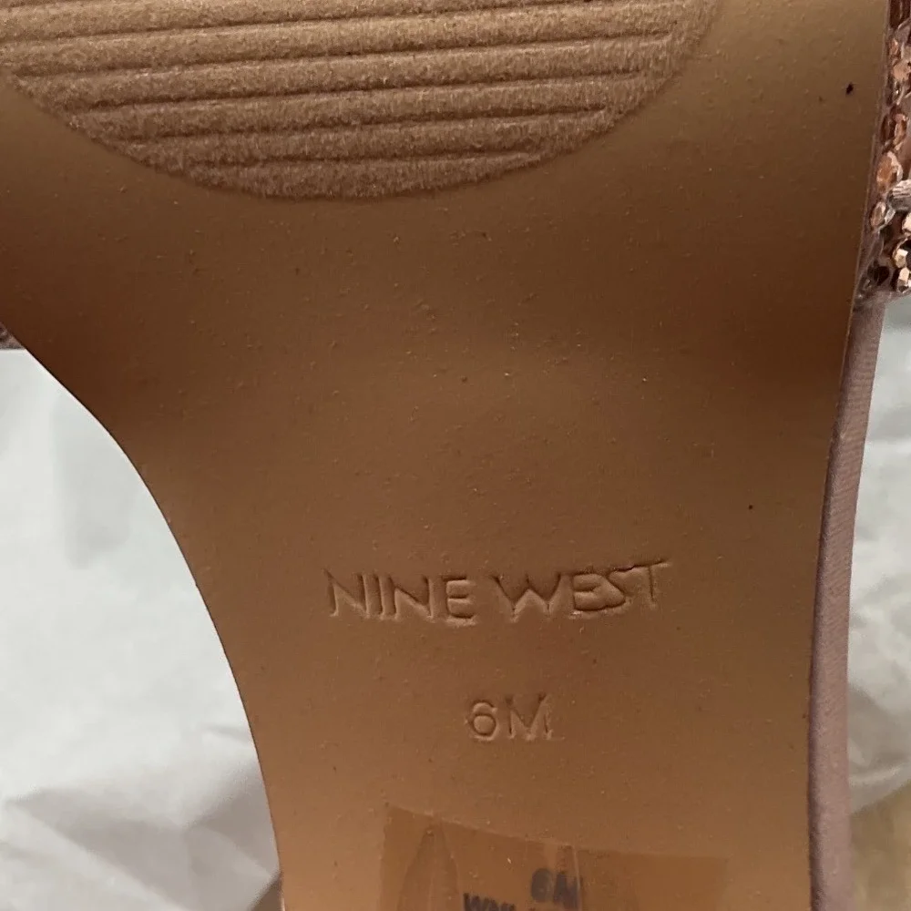 Nine West Rose Gold Satin Rhinestone Platform Ankle Strap Heels Womens 6M